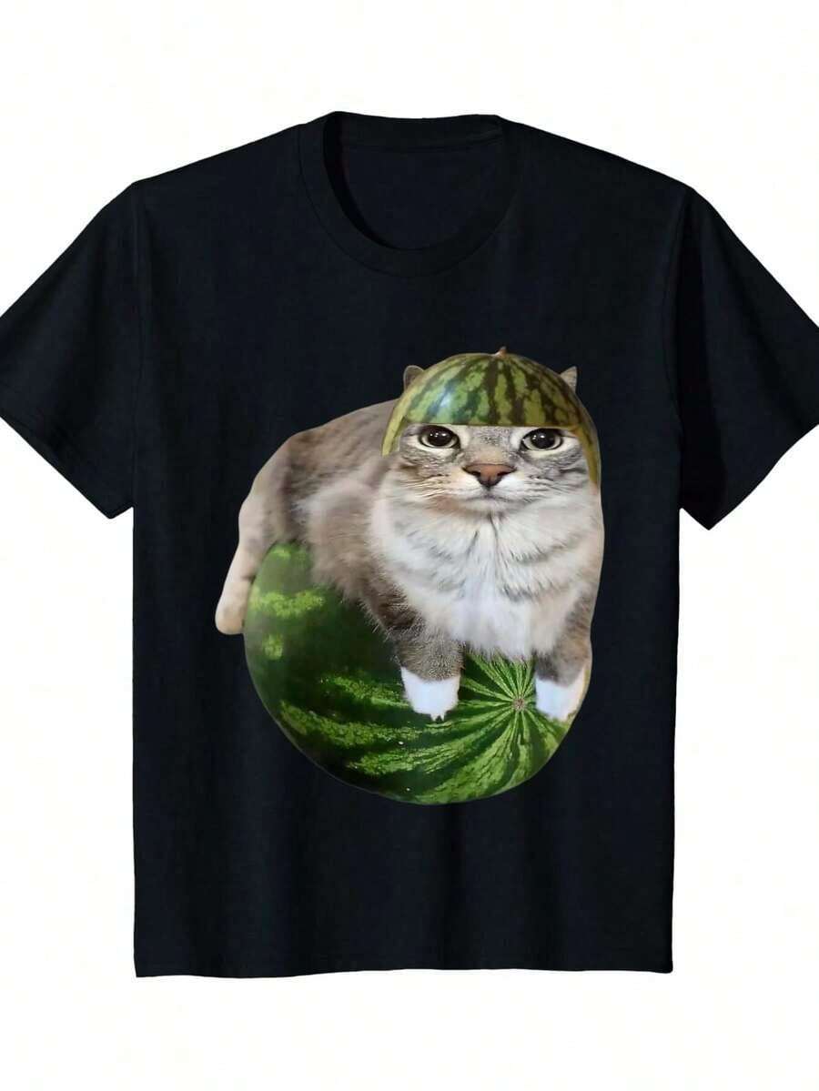 Camiseta con meme divertido de gato sandía para hombres y mujeres, estilo vintage, camiseta Genz Dank, camiseta unisex, regalo para amantes de los gatos, camiseta con memes de gatos tontos, camiseta irónica, camiseta graciosa, regalo para mujeres y hombres, camiseta de gato sandía. - Negro - Ver 1