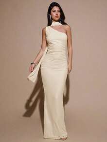 Vestido de malla ajustado con drapeado asimétrico, elegante y sexy vestido de gala para fiesta, boda, cumpleaños, Navidad, Halloween - Amarillo claro - Albaricoque - Ver 8