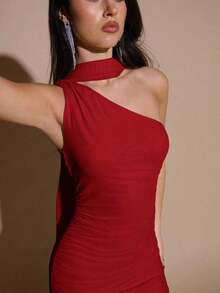 Vestido de malla ajustado con drapeado asimétrico, elegante y sexy vestido de gala para fiesta, boda, cumpleaños, Navidad, Halloween - Amarillo claro - Rojo - Ver 6