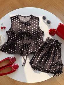 Set de 2 piezas de ropa de mujer con top tipo camiseta con cordones y shorts a cuadros, ideal para el Día de San Valentín - Marrón - Ver 4