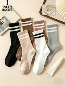 1/6 Pair [Random Delivery] Striped Mid-Calf Socks Unisex, Suitable For All Seasons, Retro College Style Versatile Breathable Comfortable Socks For Daily Commute - Multicolor - View 9