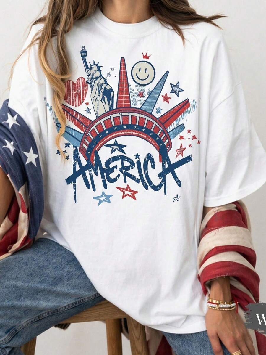 Camiseta con grafiti de la Estatua de la Libertad, camisetas del 4 de julio, AM1erica T1EE. Camiseta unisex de algodón puro de 220 g. Peso ideal para todas las estaciones, apta para hombres y mujeres. Tejido duradero de alta calidad, suave al tacto y de larga duración. Top transpirable. Adecuado para la primavera y el verano, vacaciones, Día de la Madre, Día de la Independencia. - Blanco - Ver 1