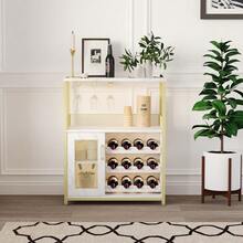 Moderno gabinete de bar de vino de 3 niveles con luces LED – Botellero extraíble, soporte para copas, estantes ajustables, puerta de malla – Aparador compacto para almacenamiento en comedor, sala de estar, hogar – Color marrón rústico o gris - Dorado - Ver 8