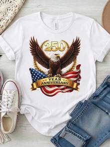 Camiseta del 250 aniversario de EE. UU., bandera estadounidense, águila, Día de la Independencia. Camiseta unisex de 220 g de algodón puro. Peso ideal para todas las estaciones, apta para hombres y mujeres. Tejido duradero de alta calidad, suave al tacto y de larga duración. Camiseta transpirable. Adecuada para la primavera y el verano, vacaciones, Día de la Madre y Día de la Independencia. - Blanco - Ver 1