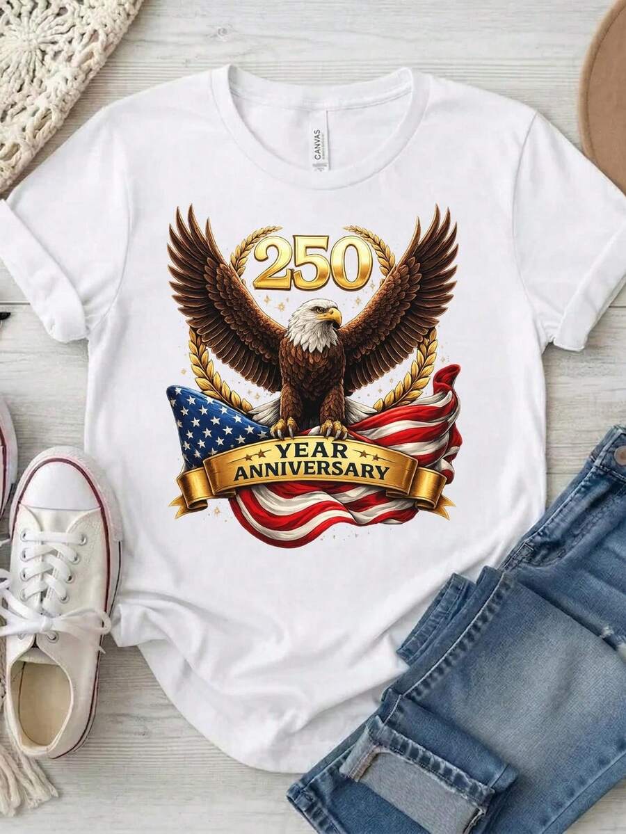Camiseta del 250 aniversario de EE. UU., bandera estadounidense, águila, Día de la Independencia. Camiseta unisex de 220 g de algodón puro. Peso ideal para todas las estaciones, apta para hombres y mujeres. Tejido duradero de alta calidad, suave al tacto y de larga duración. Camiseta transpirable. Adecuada para la primavera y el verano, vacaciones, Día de la Madre y Día de la Independencia. - Blanco - Ver 1