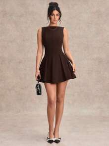 Vestido negro sólido, minimalista y sexy de corte evasé en tono burdeos para mujer, vestido para citas, vestido de dama de honor corto, vestido negro elegante para primavera/verano - Café integral - Ver 3