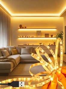 1pc White USB LED Strip Light, 60 LEDs/M, Non-Waterproof, Flexible LED Strip, Suitable For TV, Computer, Kitchen Backlight Lighting. Solid Color Non-Dimmable Warm White LED Strip, USB Flexible Lighting Strip, Can Be Used For Room, Bedroom, Kitchen, Cabinet, Living Room Decoration, Length Options 1m/2m/3 Meters/4m/5m/10m, Suitable For Stairs, Holiday And Daily Decoration Lighting Strip. - White - View 3