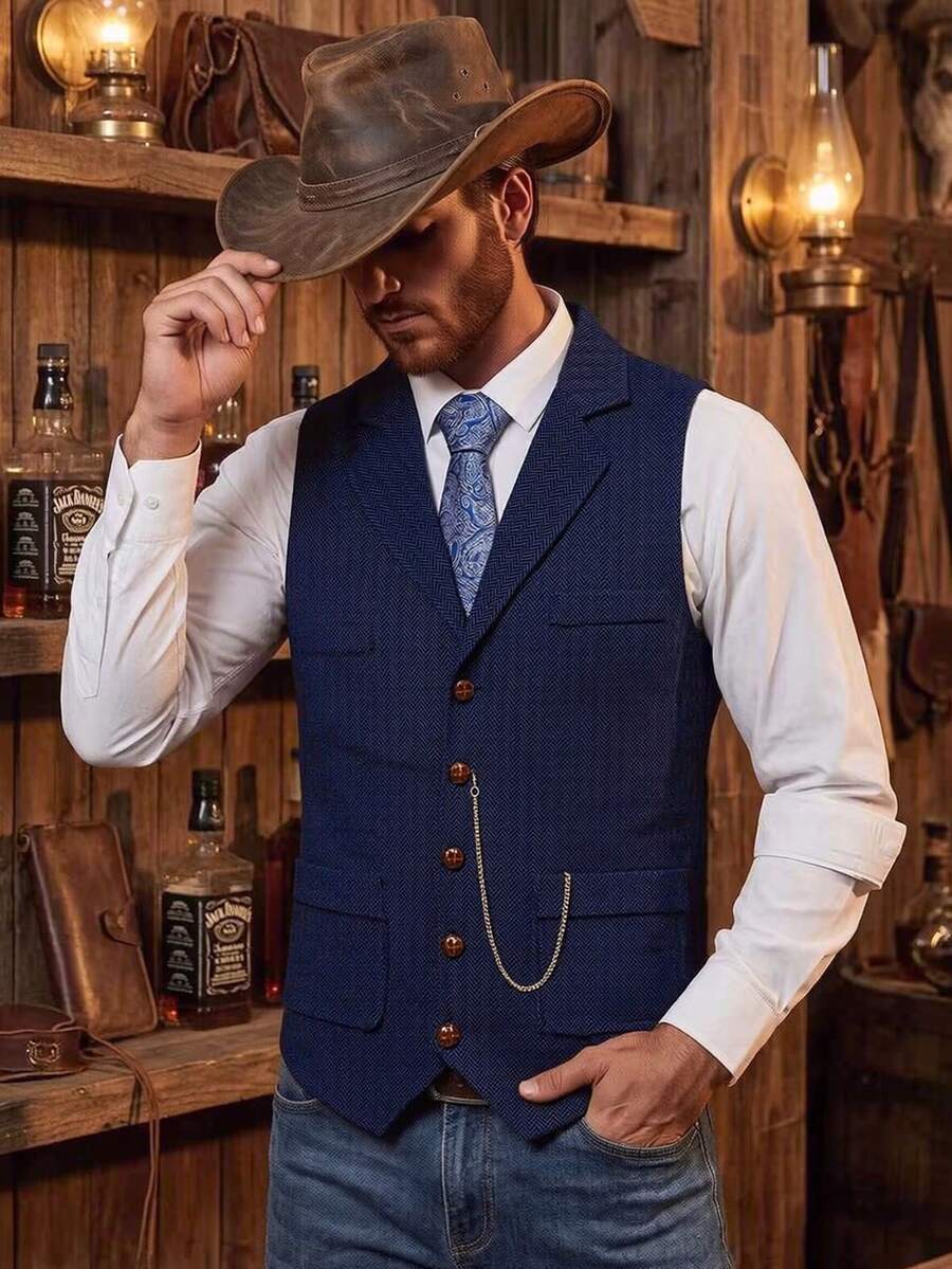 Áo vest nam vải tweed họa tiết xương cá mới, trang trí dây xích cổ điển, màu xanh chàm.