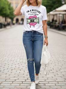 Women's Vintage T-Shirt With Fun Money And Lips Print - Soft, Breathable, Short Sleeve, Round Neck - Suitable For Casual Spring And Summer Activities And Everyday Fashion, Blouses And Dresses For Women. - 白色 - 查看 7