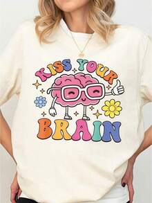 Women's Vintage Brain Print T-Shirt, Cream Color, White Blouse, Graphic T-Shirts For Women, Unisex Casual Round Neck T-Shirt, Lightweight 220 G/M² Fabric, Machine Washable, For Spring/Summer/Autumn, Valentine's Day, Halloween, Christmas. - 白色 - 查看 7
