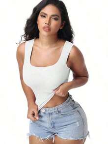 Wire Free Padded Tank Top Ribbed Knit Square Neck Wide Strap Built In Bra Slim Fit Undershirt Black White Streetwear - White - View 6
