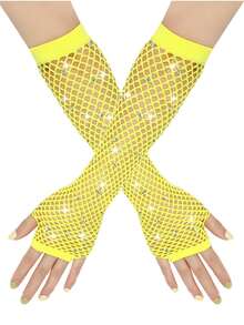 1 Pair 80s Y2K Style Rhinestone Fishnet Fingerless Gloves, Women Mesh Sleeve Decor Accessory For Wedding, Tea Party - Fishing Net Gloves - View 25