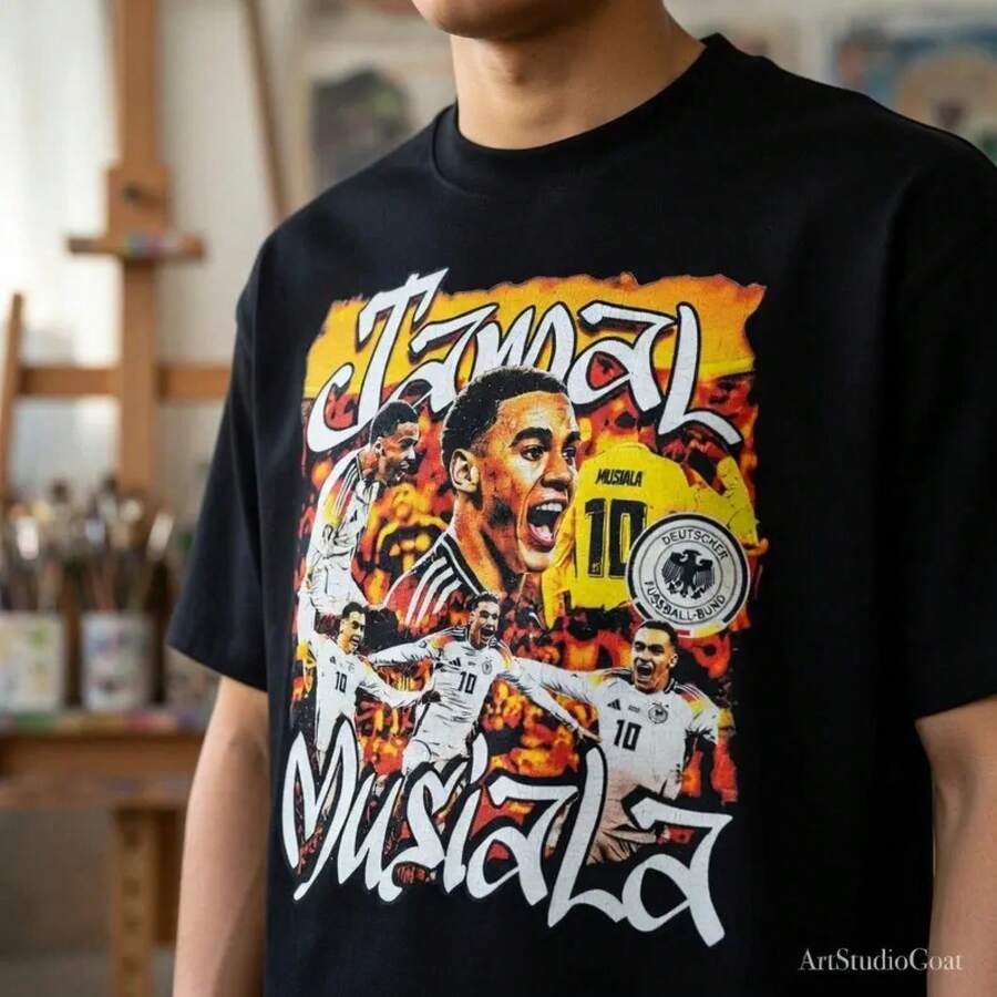 Camisa de Jamal Musiala | Camiseta com estampa de futebol inspirada na Inglaterra - Preto - Ver 1