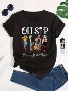Camisetas Deportivas Casuales Gráficas Con Figura De Mujer A, Camisetas De Manga Corta Con Cuello Redondo Para Mujer, Camisetas De Mujer - Negro - Ver 1