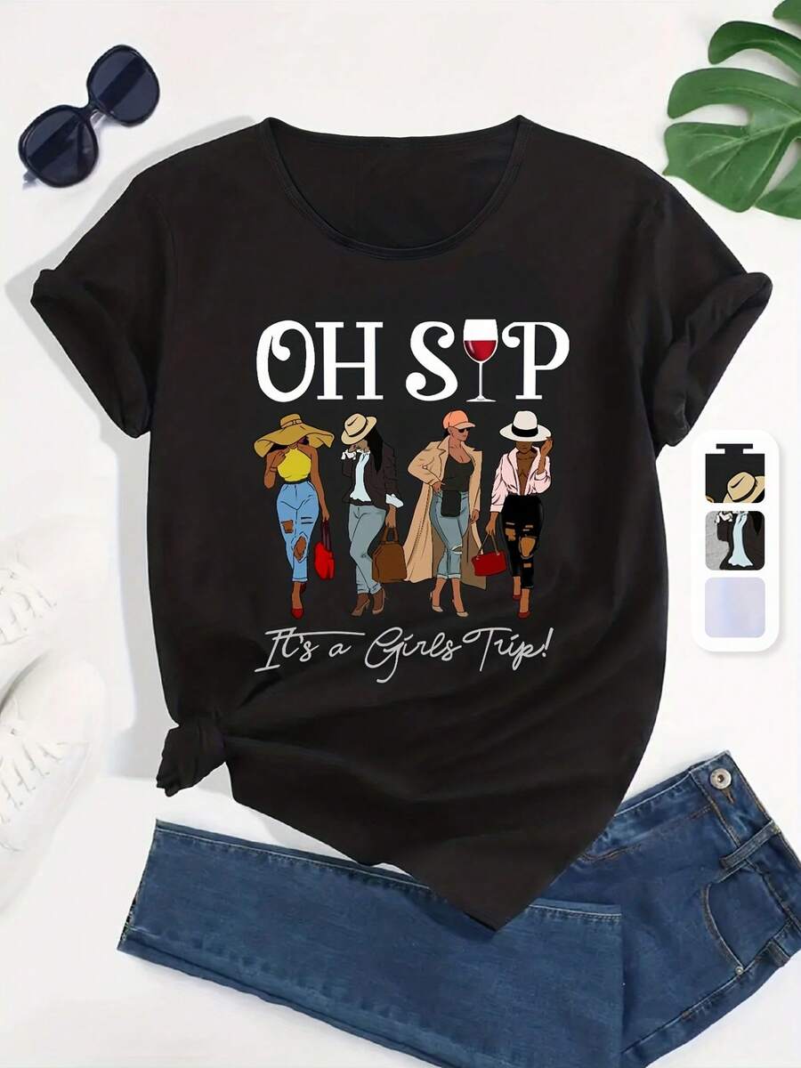 Camisetas Deportivas Casuales Gráficas Con Figura De Mujer A, Camisetas De Manga Corta Con Cuello Redondo Para Mujer, Camisetas De Mujer - Negro - Ver 1