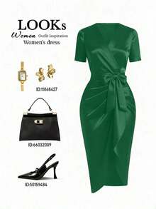 Raffinéa Vestido de mujer de satén con escote en V en color rojo picante, con volantes asimétricos en el bajo y mangas cortas, adecuado para uso diario elegante, salidas glamorosas y citas románticas - Verde - Ver 5