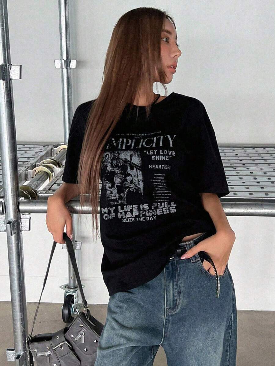 Camiseta negra Casual de las mujeres con impresión gráfica, cuello redondo, parte superior de manga corta, tejido de punto de longitud Regular de verano Streetwear JLK3 - Negro - Ver 1