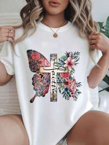 Women's Vintage Style Short Sleeve Casual T-Shirt - Floral Butterfly And Cross Design, Round Neck, Summer Top, Machine Washable, Ladies' T-Shirts, Casual Wear, Modern Style, Comfortable Fit

-WhiteFashion - 白色 - 查看 1