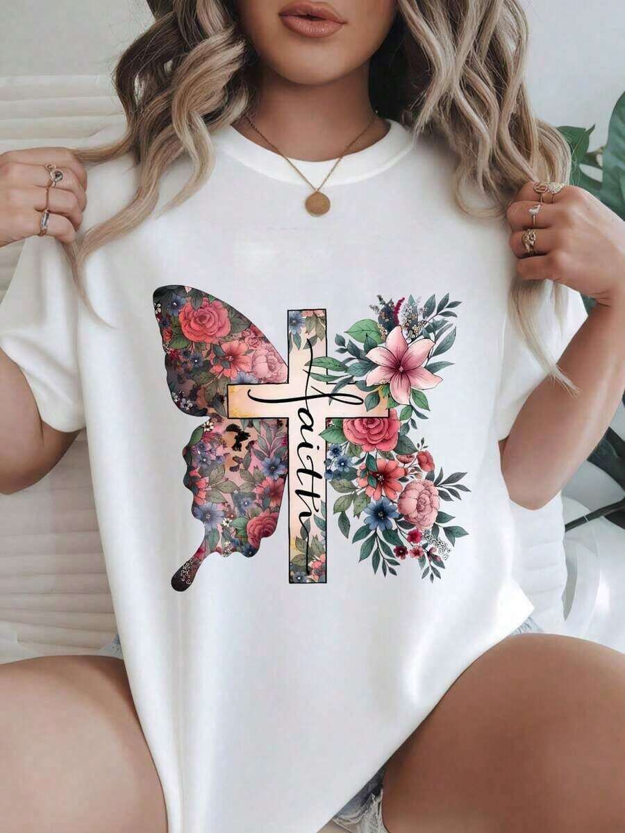 Women's Vintage Style Short Sleeve Casual T-Shirt - Floral Butterfly And Cross Design, Round Neck, Summer Top, Machine Washable, Ladies' T-Shirts, Casual Wear, Modern Style, Comfortable Fit
-WhiteFashion - 白色 - 查看 1