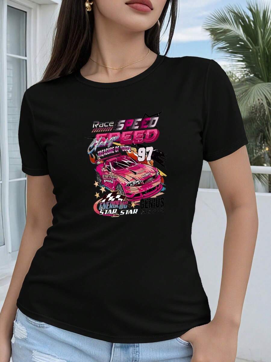 Camiseta de manga corta para mujer, de algodón puro, con diseño estampado geométrico 2D de carreras, fresca y llena de velocidad, top casual de manga corta y cuello redondo, adecuada para todas las estaciones, moda festiva, estética retro, material transpirable, estampado divertido. - Negro - Ver 1