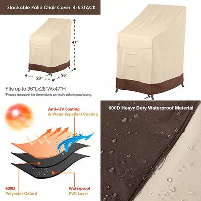 Vailge - Funda apilable para silla de patio 100% impermeable resistente al agua para muebles de césped patio se adapta a 4-6 sillas de comedor apilables 36 pulgadas de largo x 28 pulgadas de