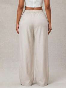 Pantalones anchos de pierna ancha de color café oscuro de moda minimalista para mujeres, pantalones de tela marrón de pierna ancha para el trabajo, pantalones de tiro alto de pierna ancha marrón para mujeres, pantalones de traje marrón para otoño/invierno - Caqui - Ver 3