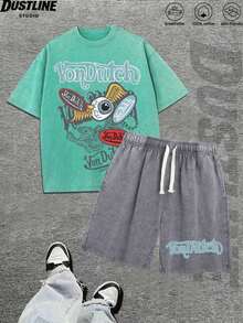 [Free Shipping]1Mens Creative T Shirt And Shorts Set American Vintage Full Print Street Wear Essential T Shirt Set Men Graphic T Shirt And Shorts Set Vonn Dutch Logo Print Washed Cotton Breathable Skin Friendly Casual Outfit For Summer Outdoor Activities - 款式 9 - 查看 1