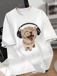 Women's 100% Cotton T-Shirt With A Fun Cat Print Wearing Headphones, Loose Casual Style, Short Sleeves, Creative And Comfortable Design For Everyday Wear And Walks - 白色 - 查看 6