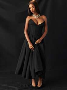 Vestido primaveral strapless con corsé estructural espalda descubierta corte A elegante sensual y moderno estilo moda europea para mujer - Negro - Ver 9