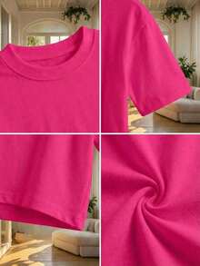 Blusa de mujer de cuello redondo, manga corta, holgada y casual, de estilo minimalista, elegante y sexy Y2K, adecuada para uso diario, oficina, hogar, exterior, primavera/verano - Rosa Fucsia - Ver 8