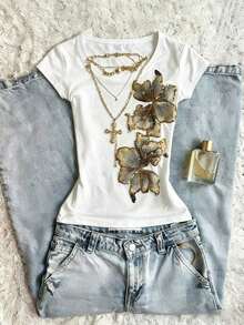Camiseta casual de mujer de cuello redondo y manga corta con estampado floral - Blanco - Ver 1