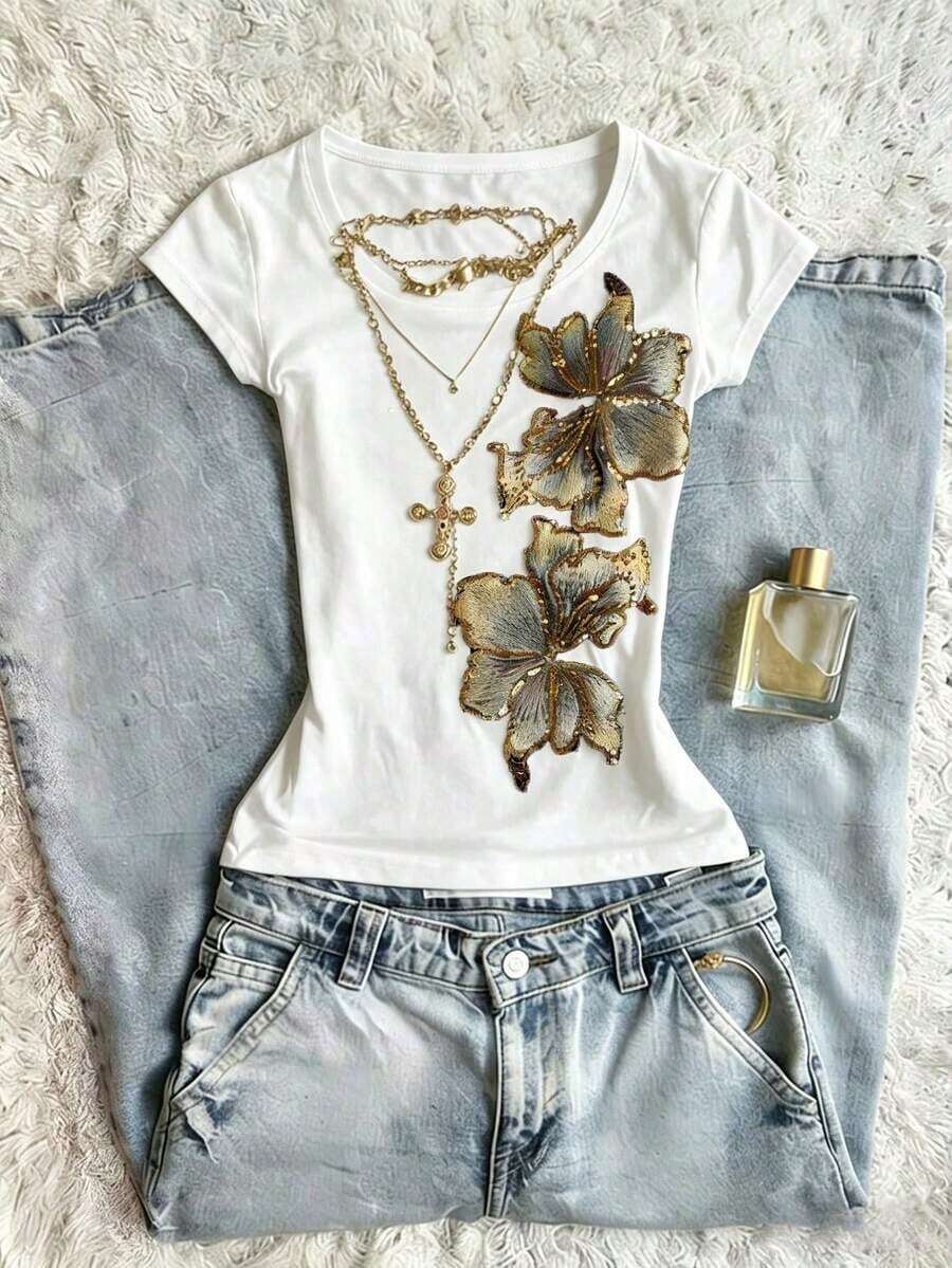 Camiseta casual de mujer de cuello redondo y manga corta con estampado floral - Blanco - Ver 1