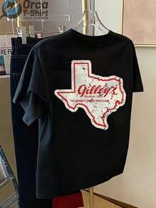 Camiseta de manga corta de estilo casual vintage, con estampado en la parte delantera y trasera, que presenta un mapa de Texas y el diseño de la palabra "Gilley's", adecuada para el uso diario en verano, ideal como regalo para parejas y amigos. - Negro - Ver 3