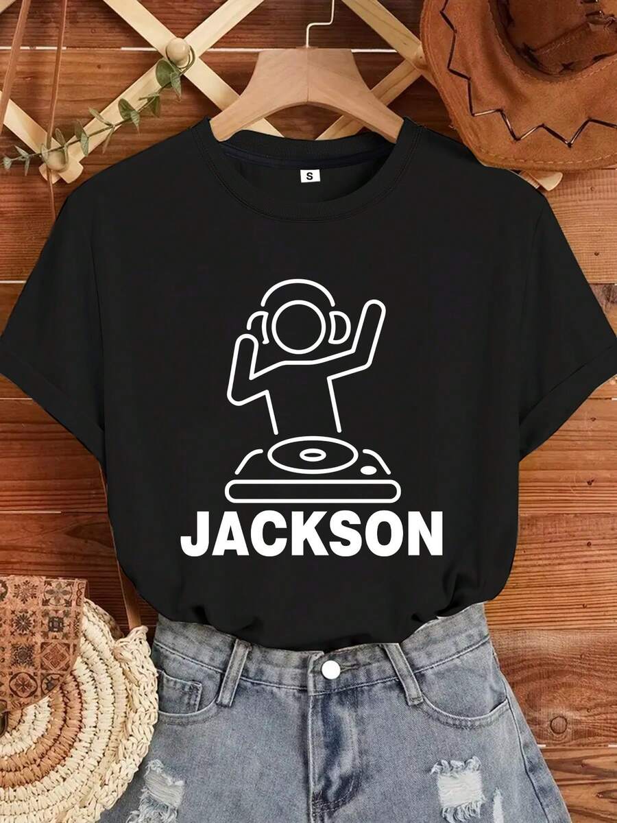 Camiseta manga corta cuello redondo 100% algodón, estampado trendy, tejido ligero y ventilado, estilo moda casual, apta para vida diaria, salidas informales y citas en primavera, verano y otoño - Negro - Ver 1