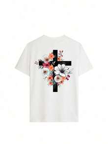 Camiseta de mujer con estampado floral de cruz cristiana, diseño boho de flores en acuarela, estampado de fe, estilo casual, holgada, de manga corta, estilo vintage, estética religiosa, ropa urbana, top de cuello redondo de talla grande, camiseta Y2K cómoda con hombros caídos para uso diario, servicio religioso, salida de fin de semana, vacaciones, reuniones informales, regalo cristiano para creyentes, ropa inspirada en la fe para el estilo cotidiano. - Blanco - Ver 2