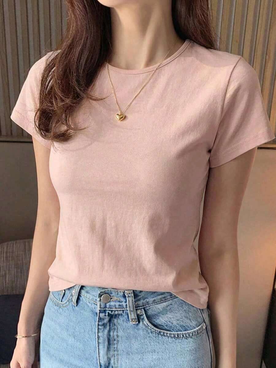 Camiseta básica de mujer de manga corta, cuello redondo, unicolor blanco, para primavera/verano, estilo casual de oficina - Rosa - Ver 1