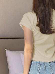 Camiseta básica de mujer de manga corta, cuello redondo, unicolor blanco, para primavera/verano, estilo casual de oficina - Albaricoque - Ver 2