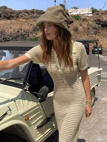 Vestido elegante de manga larga con cuello polo, ajuste delgado, a rayas con contraste de color, elegante y juvenil, para el verano - Multicolor - Ver 3
