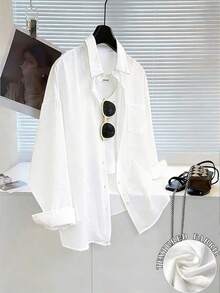 Camisa de manga larga holgada con estampado minimalista para mujer - Blanco - Ver 8
