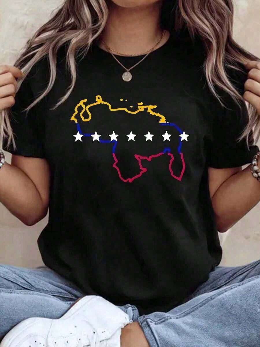 Minimalist1 pieza Camiseta de talla grande para mujeres VenezuelaS con estampado gráfico de manga corta de algodón, cuello redondo, lavable a máquina, g, 100% algodón suaveWomen's Simple Solid Color T-shirt, Loose and Slim Fit Casual Short Sleeve - Negro - Ver 1
