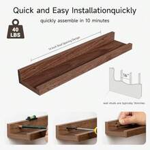 Floating Shelves Set Of, 16 Inch Solid Wood Wall Shelves With Lip, Large Nursery Book Shelf For Toys Storage, Bookshelf, Living Room, Bedroom Decor Frames, Walnut Color - 胡桃木相框層架 - 查看 4