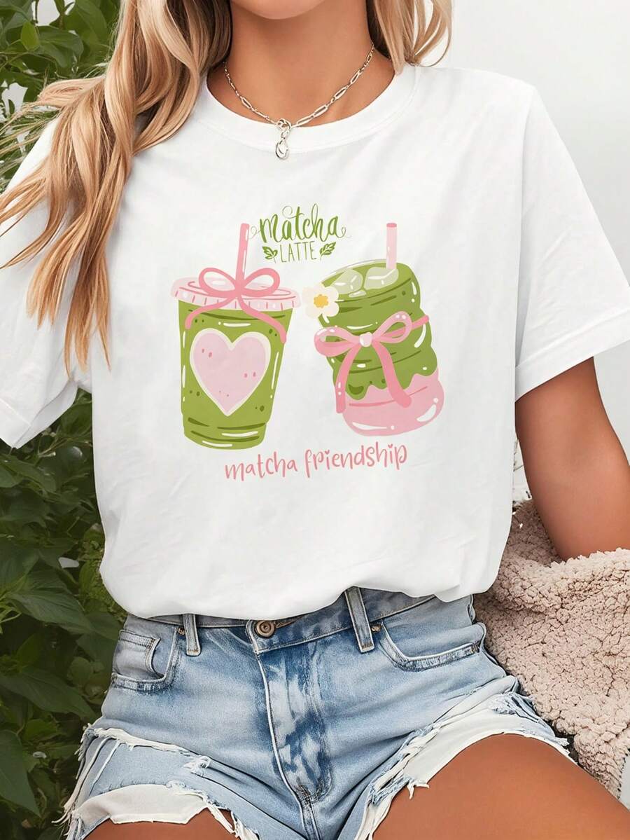 Women's Matcha Latte Print Short Sleeve Crew Neck T-Shirt - Light White Spring/Summer Casual Outfit For Christmas Party - Fan Outfit - Festive Fantasy Design And Iconic Quote - 白色 - 查看 1