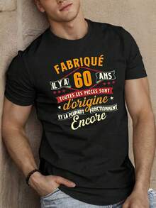 Camiseta de Hombre con Estampado Geométrico Vintage para 60 Aniversario - Estampado Azul Vibrante, Corte Ligero Casual de Verano, Corte Regular, Lavable a Máquina, Diseño de Texto Estilo Francés, Tela Cómoda, Estilo Clásico, Camiseta con Estampado Duradero, Ropa Casual, Prenda para Adultos - Negro - Ver 1