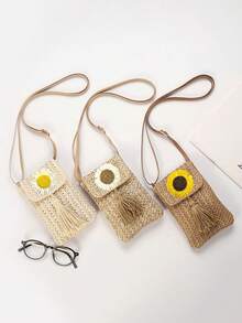 Women's Straw Tassel Crossbody Bag, Summer Beach Vacation Shoulder Bag, Sunflower/Daisy Solid Color Mini Straw Handbag, Lightweight Boho Rattan Style Tote, Adjustable Strap Small Handbag, Portable Woven Clutch For Daily Commute Shopping, Aesthetic Beach Bag For Picnic Vacation Outfit, Durable Straw Bag Gift For Women And Girls - Multicolor - View 3