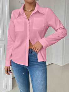 Blusa blanca casual con cuello y bolsillo, de manga larga ajustada para mujeres - Rosa - Ver 4