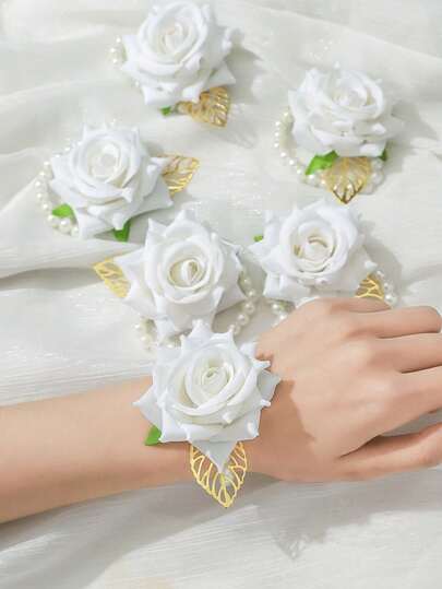 1pc/2pcs/6pcs Elegant White Rose Flower With Gold Leaves, Minimalist Boutonniere And Wrist Corsage Suitable For Groom, Bride, Groomsmen, Bridesmaids, Wedding, Engagement, Banquet, Anniversary, Events, Graduation