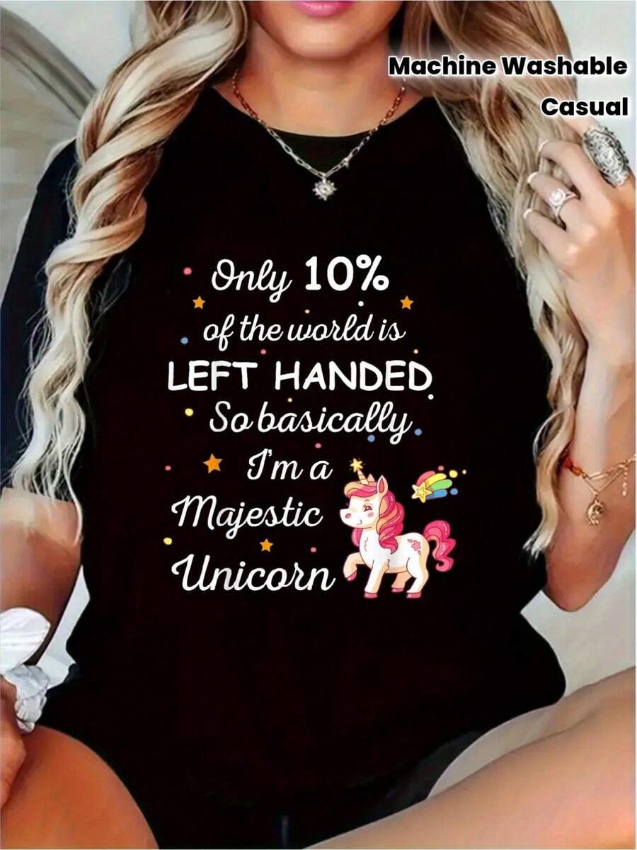 Left-Handers T-Shirt - Fun With Unicorn And Left-Handers Pride, Casual Short-Sleeve T-Shirt, Sizes S-XXL, Ideal As A Gift, Machine Washable Left-Handers Clothing, Casual Outfit - 黑色 - 查看 1
