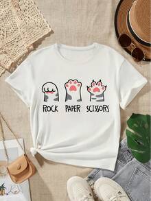 Women's Printed Short Sleeve T-Shirt With Knot Front And Cartoon Text - Casual Crew Neck T-Shirt, Relaxed Fit For All Seasons, Perfect For Everyday Wear Or Holiday Outfits (Machine Washable). - 白色 - 查看 1
