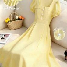 Women's Light Yellow Solid Color Square Neck Short Sleeve Pearl Button Decor Charming Elegant Everyday Vacation Commute Fashion Date French Street Retro Versatile Spring/Summer Light Yellow New Mid-Length Dress - Amarillo claro - Ver 11