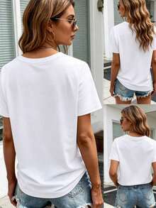 Camiseta de Algodón para Mujer, Tallas Grandes, M-5XL, Cuello Redondo, Manga Corta, Corte Holgado, Estampado Floral, Uso Diario Casual, Camiseta Suave y Transpirable, Color Negro, Tallas de M a 5XL, Moda de Tallas Grandes, Top Cómodo de Verano, Transpirable y cómodo. - Blanco - Ver 2